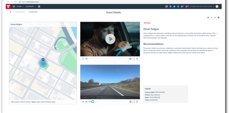 Frotcom's interface displaying a route, with two video thumbnails showing typical driving scenarios.